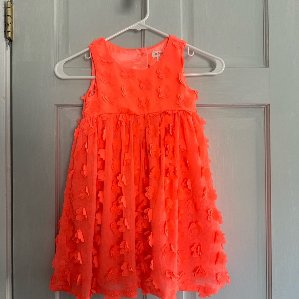 Coral Kids Dress with Floral Accents